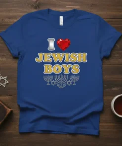 Blue t-shirt with text "I Love Jewish Boys" featuring a red heart, gold glitter lettering, and menorah graphics