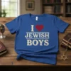 Blue t-shirt with text "I Love Jewish Boys" and a red heart graphic, featuring cream-colored distressed typography