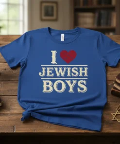 Blue t-shirt with text "I Love Jewish Boys" and a red heart graphic, featuring cream-colored distressed typography