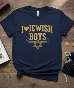 Navy blue t-shirt with gold text "I Love Jewish Boys" and a Star of David graphic