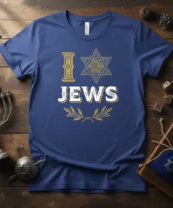 Blue t-shirt with "I Love Jews" text, Star of David, and olive branch graphic
