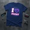 Navy blue t-shirt with "I Love Jimmy" text and a neon geometric heart graphic, perfect for personalization