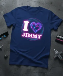 Navy blue t-shirt with "I Love Jimmy" text and a neon geometric heart graphic, perfect for personalization