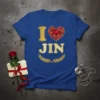 Blue t-shirt with "I Love Jin" text, a red gem heart graphic, and gold laurel leaves
