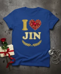 Blue t-shirt with "I Love Jin" text, a red gem heart graphic, and gold laurel leaves