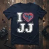 Navy t-shirt with "I Love JJ" text and a red and blue circuit board heart graphic