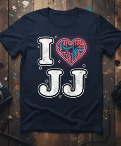 Navy t-shirt with "I Love JJ" text and a red and blue circuit board heart graphic