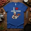I Love John Pork T-Shirt featuring a chef pig holding a plate of pork ribs, with text "I ❤️ JOHN