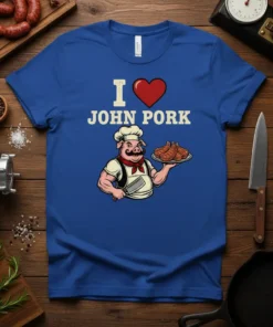 I Love John Pork T-Shirt featuring a chef pig holding a plate of pork ribs, with text "I ❤️ JOHN