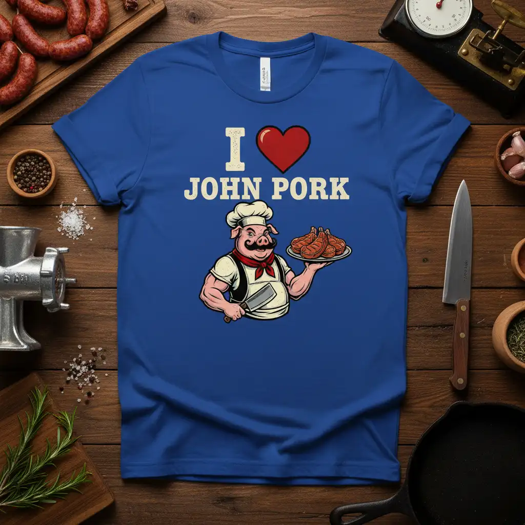 I Love John Pork text with a chef pig graphic holding pork ribs on a blue t-shirt