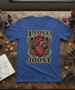 I Love Joost t-shirt with anatomical heart and rose tattoo design