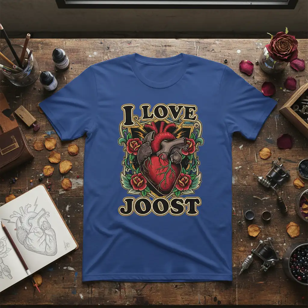 I Love Joost text with anatomical heart and rose tattoo graphic on a blue t-shirt