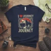 I Love Journey Journey t-shirt with mountain, road, and sailboat graphic