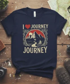I Love Journey Journey t-shirt with mountain, road, and sailboat graphic