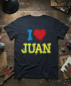 I Love Juan t-shirt design with blue 'I', red heart, and yellow 'JUAN' text with spray paint splatters