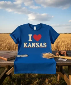 Blue t-shirt with "I Love Kansas" text and a red heart graphic, featuring a wheat field background