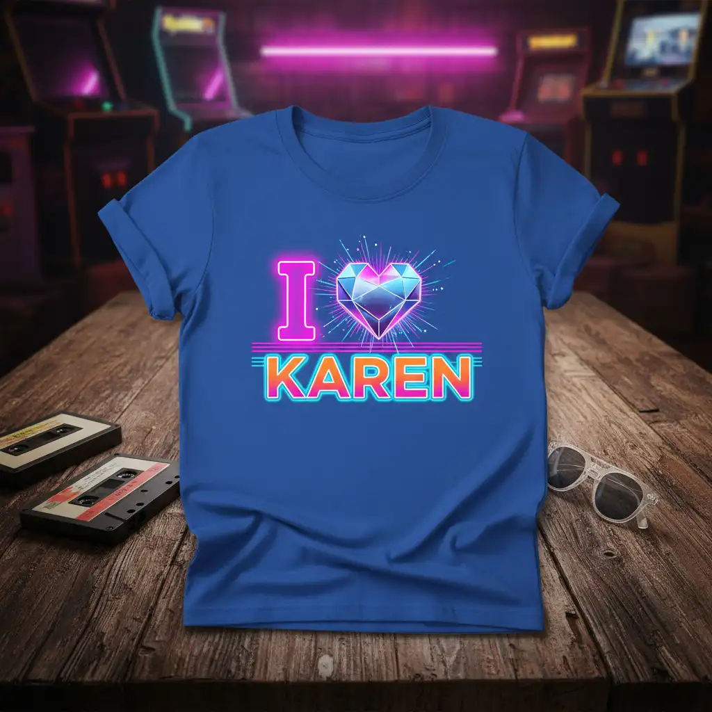 I Love Karen retro neon graphic t-shirt featuring a sparkling diamond heart emblem