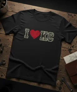 Black t-shirt with distressed "I Love KC" graphic, featuring a red heart and textured "KC" letters