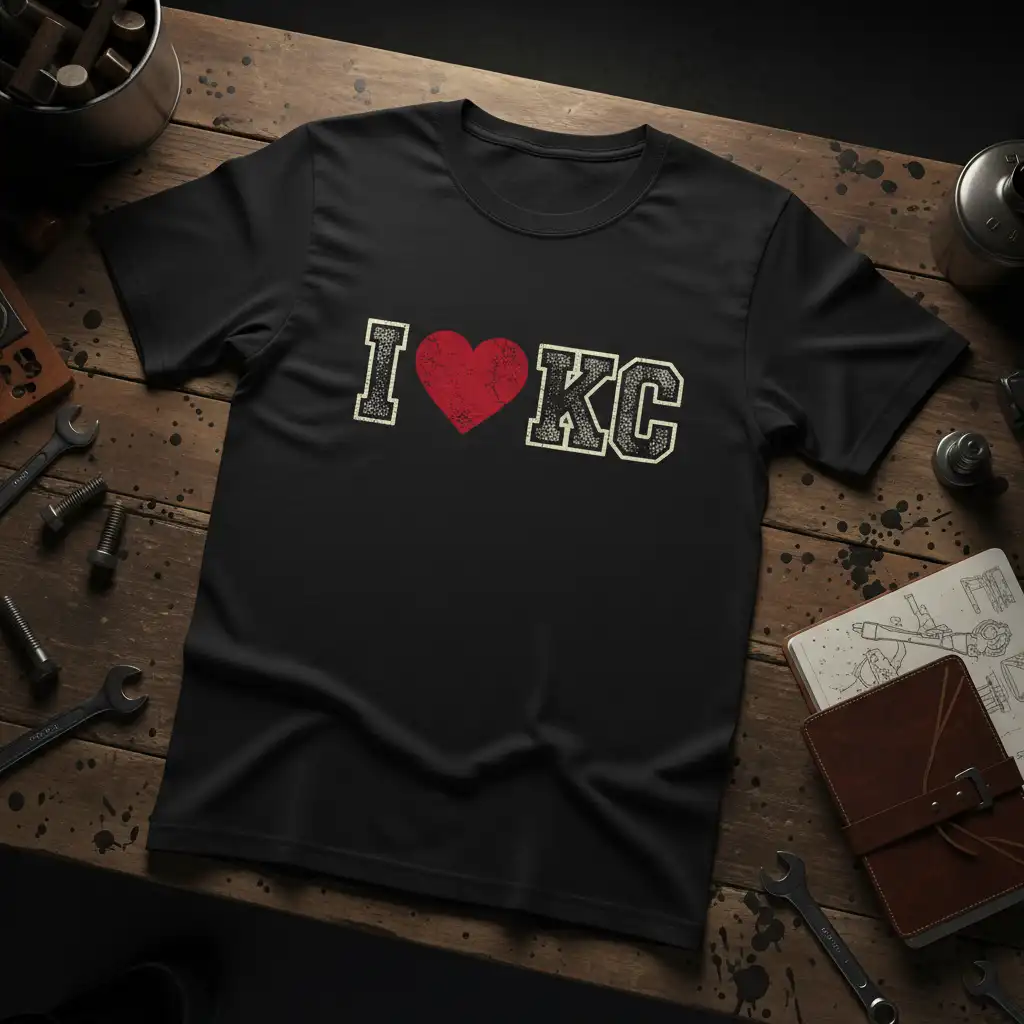Black I Love KC t-shirt with distressed red heart and textured KC letters, ideal for Kansas City pride