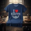 Navy t-shirt with white "I Love Keith" text and a red heart graphic, featuring a gear design below