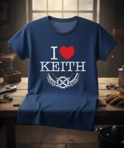 Navy t-shirt with white "I Love Keith" text and a red heart graphic, featuring a gear design below