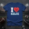 I Love Kelce t-shirt with a glitch effect on the text and a geometric red heart graphic