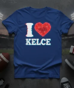 I Love Kelce t-shirt with a glitch effect on the text and a geometric red heart graphic