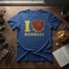 I Love Kendall text with a red rose inside a heart graphic on a blue t-shirt