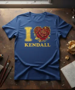 I Love Kendall text with a red rose inside a heart graphic on a blue t-shirt