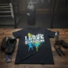 T-shirt design with "I LOVE KICKBOXING" text and silhouette graphics of kickboxers in action, set against a distressed background