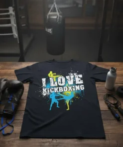 T-shirt design with "I LOVE KICKBOXING" text and silhouette graphics of kickboxers in action, set against a distressed background
