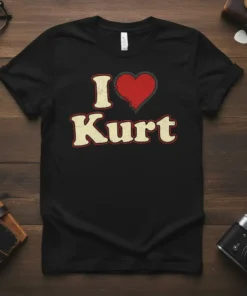 I Love Kurt T-Shirt featuring a distressed red heart and cream-colored text on a black tee, honoring Kurt Cobain