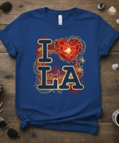 I Love LA t-shirt design with a red heart, Los Angeles skyline, and palm trees