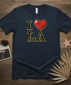 I Love LA T-Shirt featuring a gold outlined "I" and "LA" with a large, red, diamond-like heart graphic in between