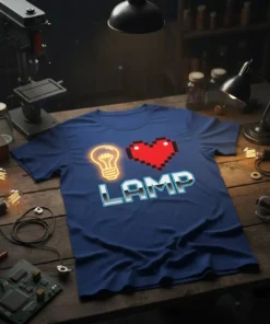 I Love Lamp t-shirt design featuring a neon light bulb, pixel heart, and metallic text on a blue shirt