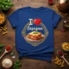 I Love Lasagna T-Shirt featuring a heart and a plate of cheesy lasagna graphic