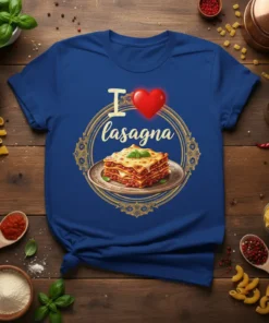 I Love Lasagna T-Shirt featuring a heart and a plate of cheesy lasagna graphic