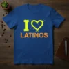 I Love Latinos t-shirt with yellow text and heart graphic on a blue shirt