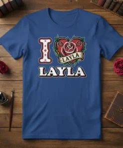 I Love Layla T-Shirt with tattoo-style heart and rose graphic, personalized name design