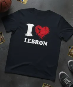 Black t-shirt with distressed red heart and white text that reads "I LOVE LEBRON"