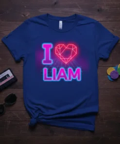 Neon I Love Liam heart graphic t-shirt in vibrant pink and blue on a royal blue tee