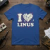 I Love Linus T-Shirt with distressed heart graphic and circuit board pattern, designed for tech enthusiasts