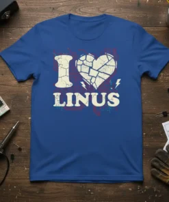 I Love Linus T-Shirt with distressed heart graphic and circuit board pattern, designed for tech enthusiasts