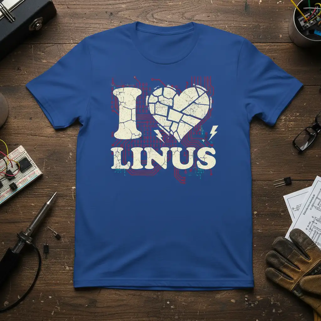 I Love Linus T-Shirt featuring distressed typography and a circuit board inspired heart graphic for tech fans