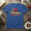 I Love London T-Shirt with red heart and yellow text, featuring a red London skyline graphic below