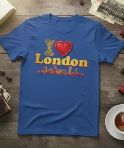 I Love London T-Shirt with red heart and yellow text, featuring a red London skyline graphic below