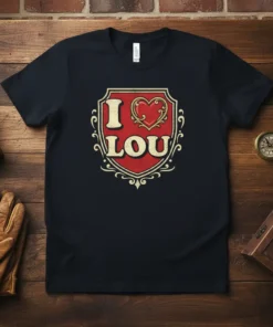 I Love Lou t-shirt design featuring red shield, gold heart, and distressed text "I LOU"