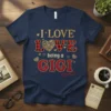 I LOVE LOVE being a GIGI text design with plaid and heart graphics on a navy blue t-shirt