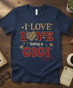I LOVE LOVE being a GIGI text design with plaid and heart graphics on a navy blue t-shirt
