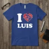 I Love Luis t-shirt with white text and a red and blue geometric heart graphic